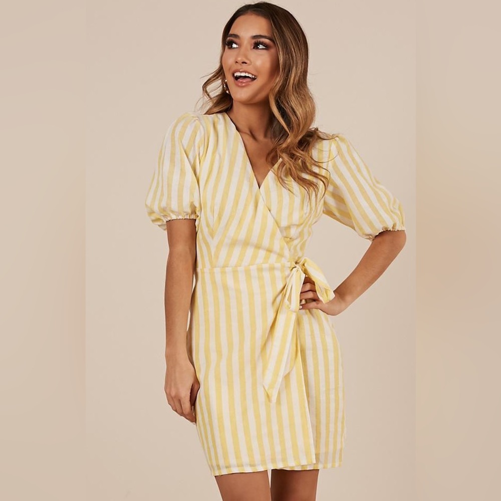 Showpo Striped Puff Sleeve Mini Wrap Dress Yellow White Sundress Size 6
